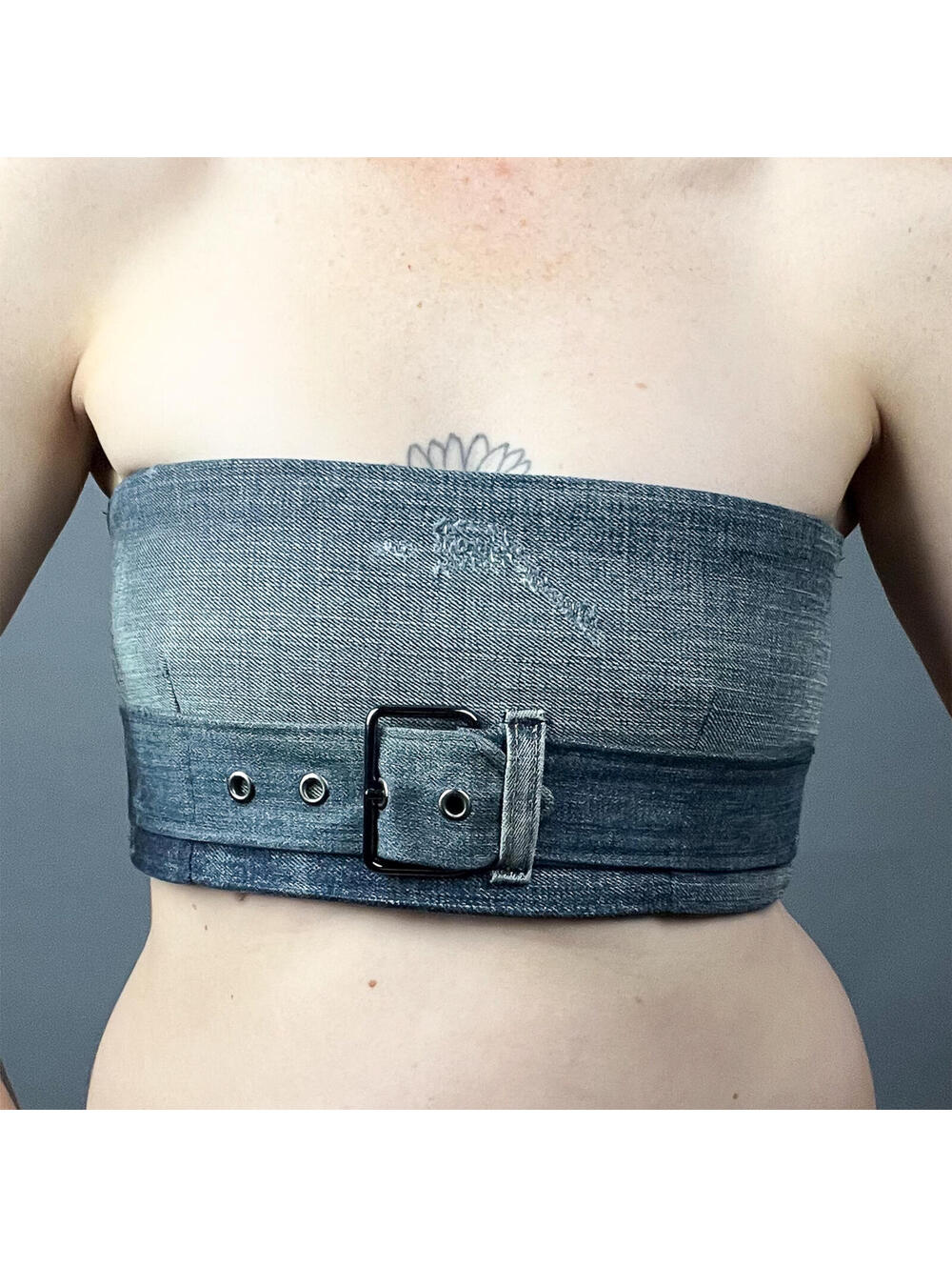Denim Tube Top | Upcycled Denim Belted Bandeau Top Lace Up Reworked Jeans